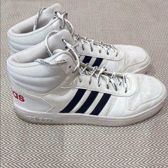 Adidas Hoops 2.0 Mid White Legend Mid- Cut Sneakers with Classic Stripes Size 12 - Picture 1 of 5
